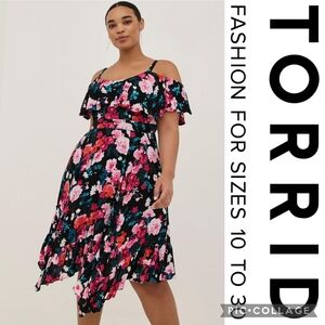 Torrid 1X Hanky Hem Ruffle Skater Midi Dress - Gauze Floral Black